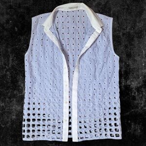 Each x Other Women's Blue and White Sleeveless Button Uo